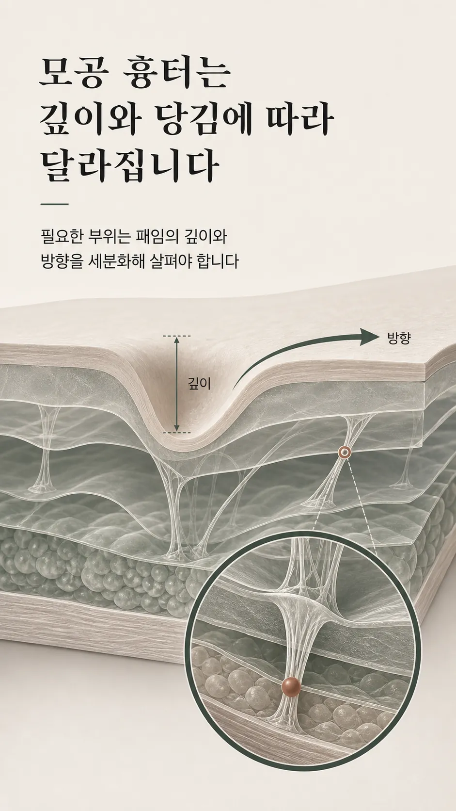 진피층 콜라겐 유착과 피부층 단면 모식도