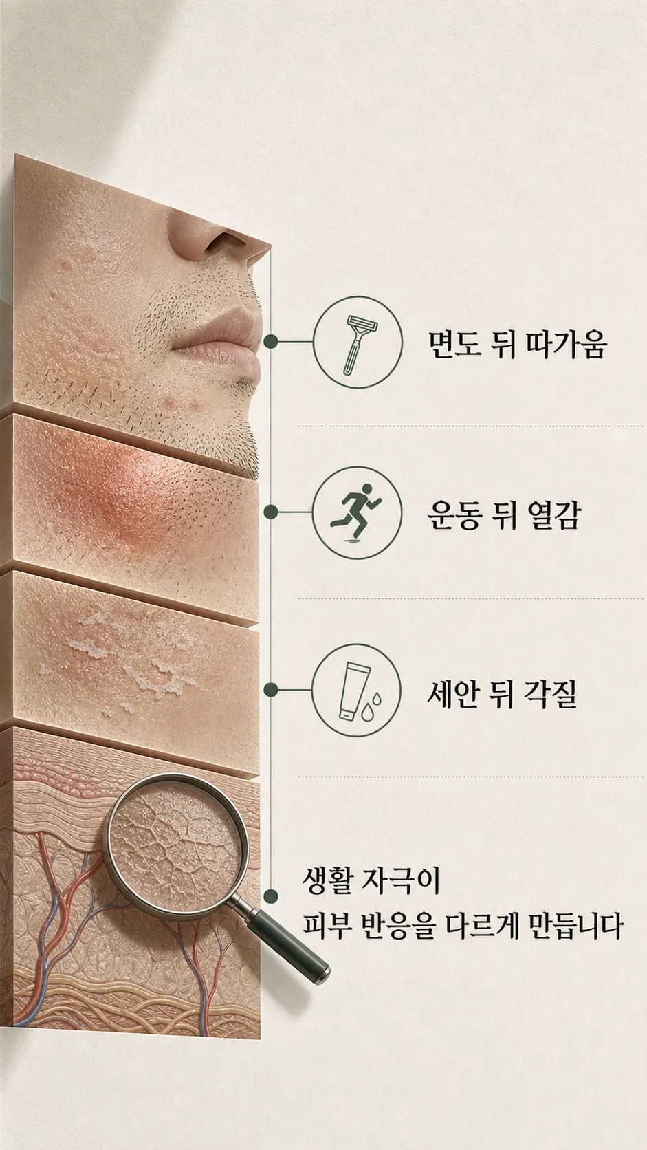 턱선·볼의 면도·마찰·땀 자극 구역을 나눈 중립 도식