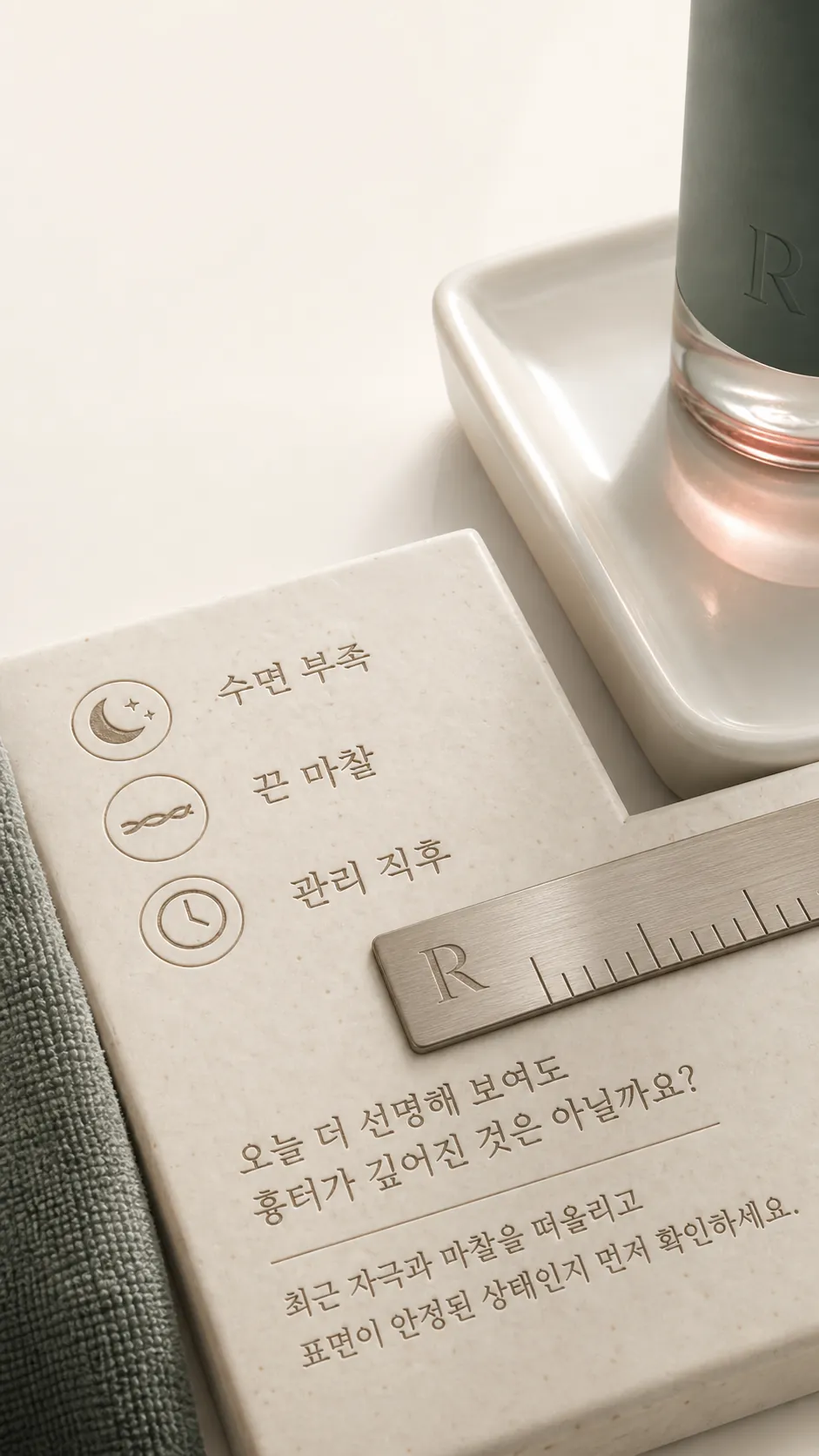 늦은 밤 조명 아래 세안 후 볼 붉은기를 살피는 일상 장면