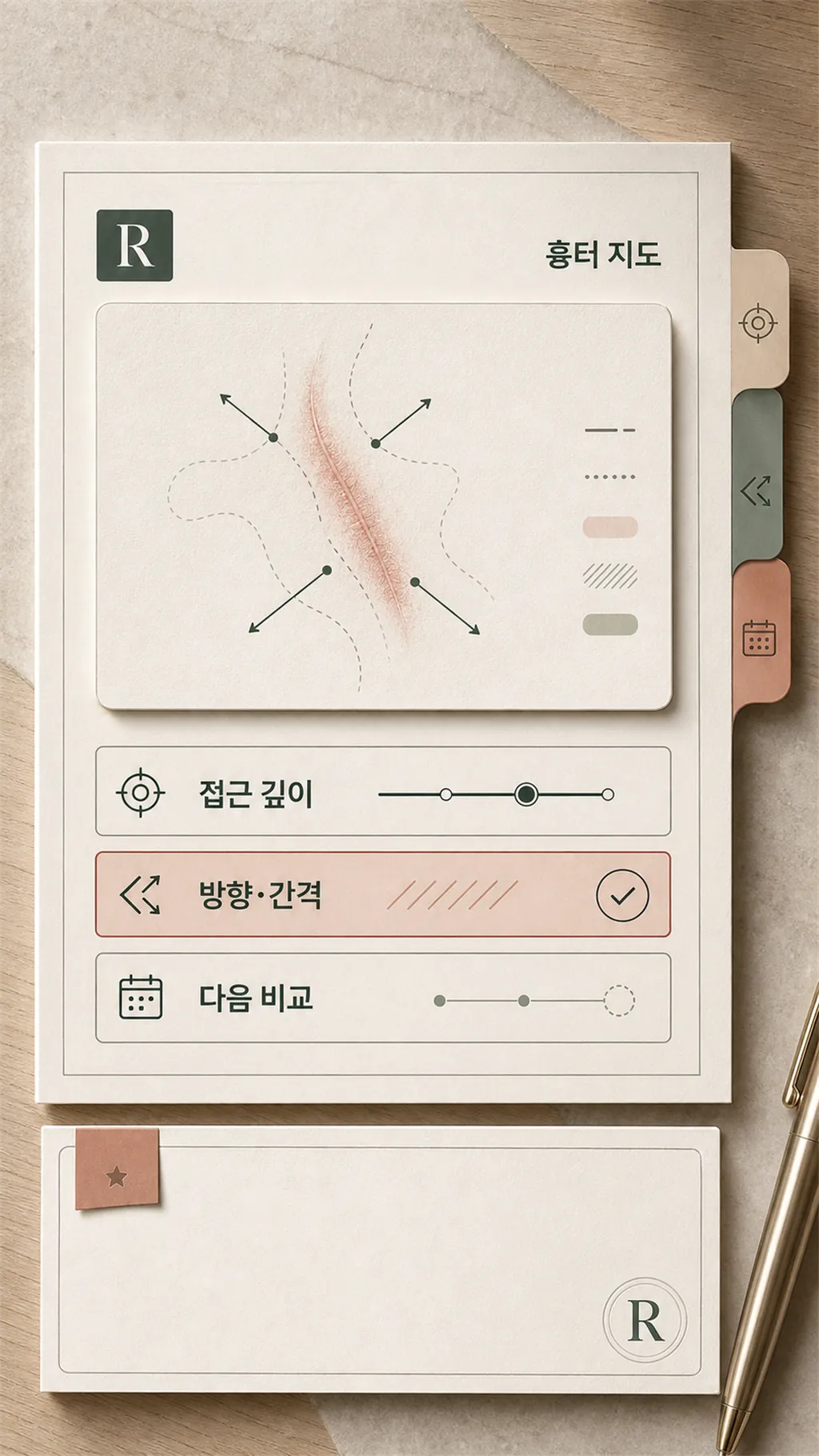 캐뉼라형 정밀 니들 실루엣과 기록 노트 정물