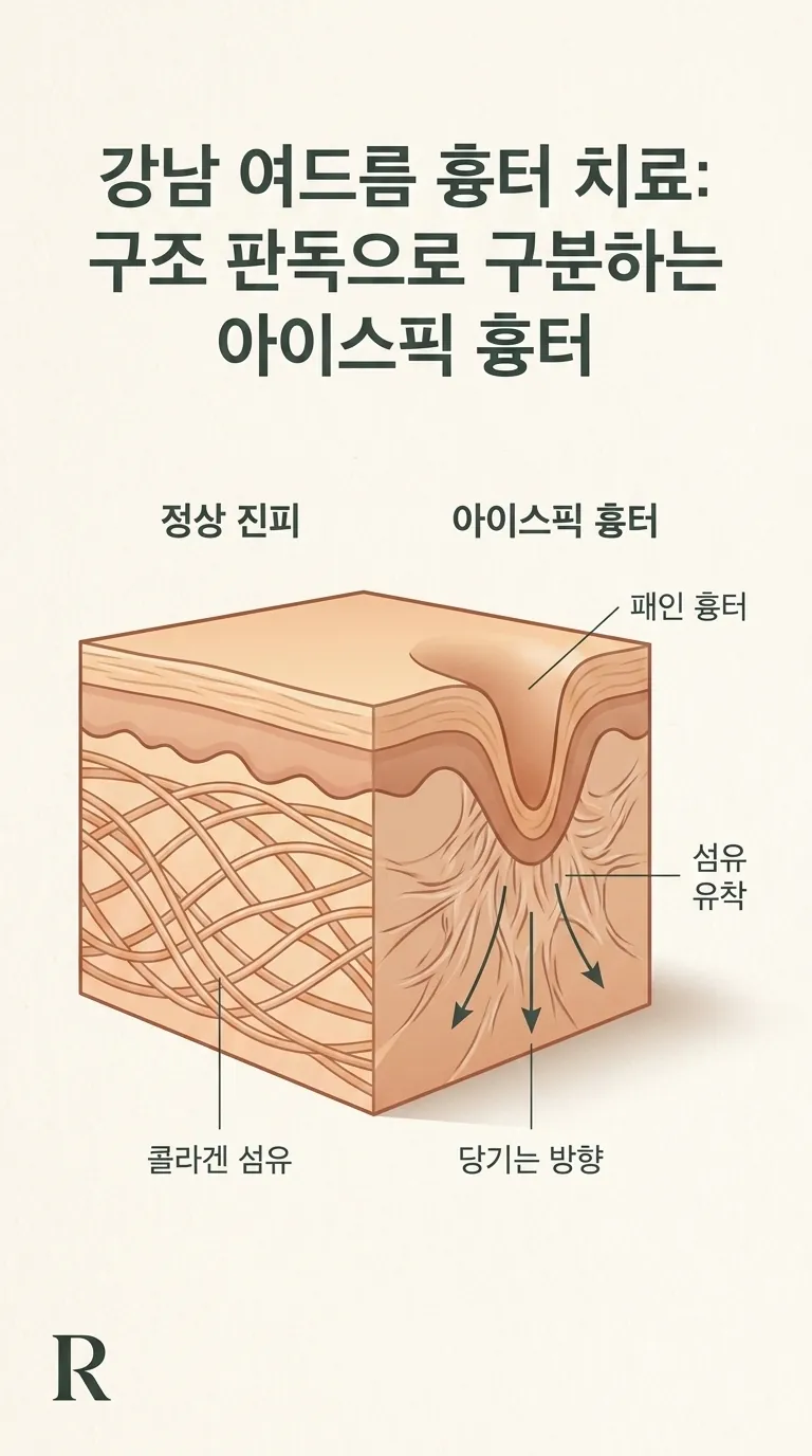 진피 단면 — 흉터 부위 섬유 유착 (당기는 방향 화살표 표시)
