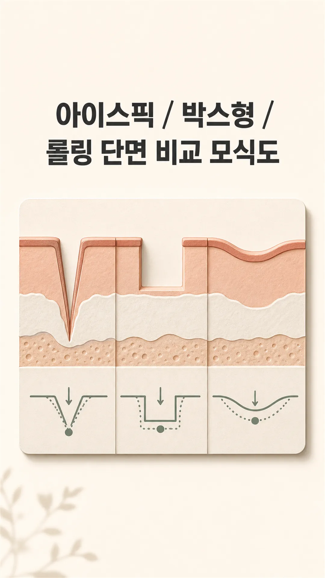 아이스픽·박스형·롤링 단면 비교 모식도