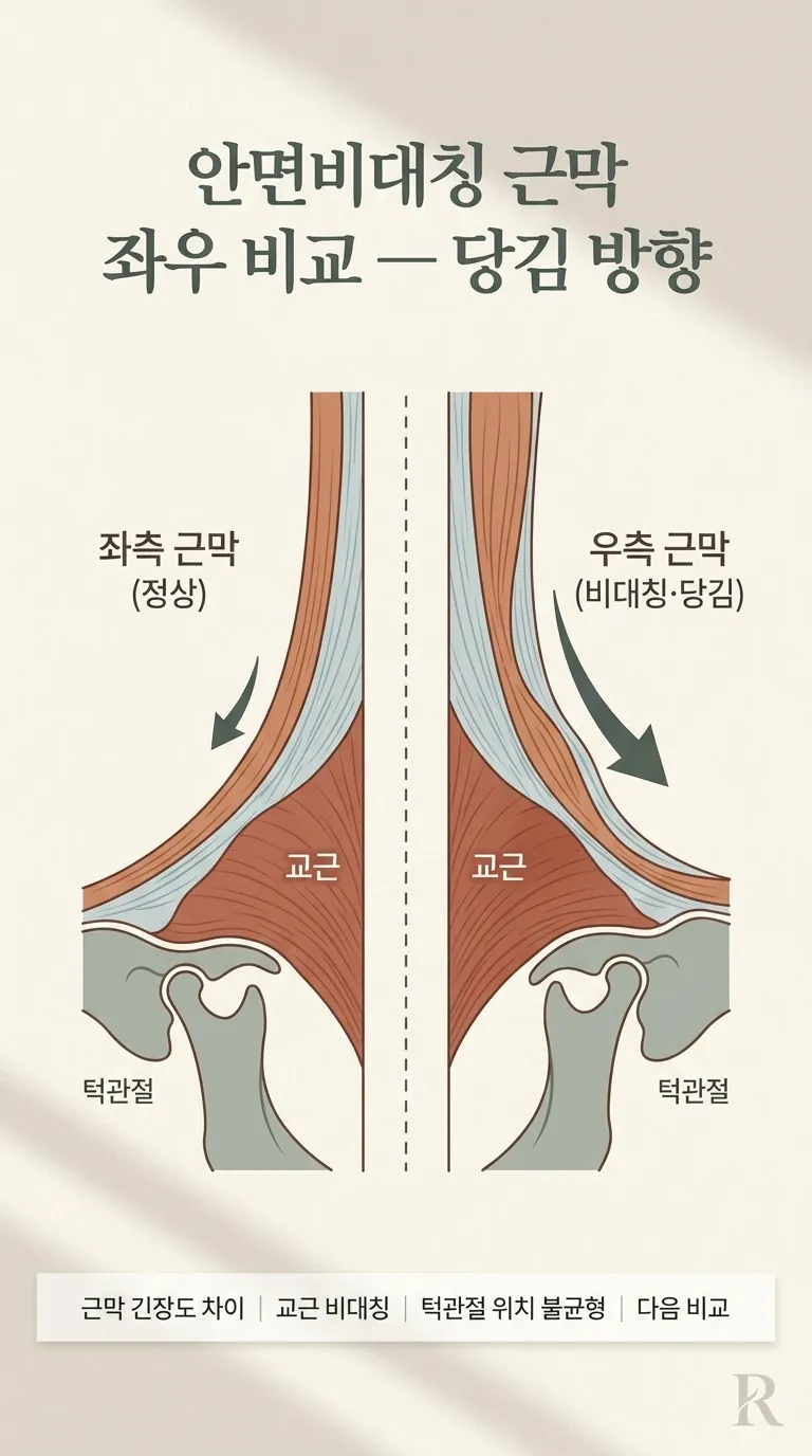 안면 근막 좌우 단면 비교 (한쪽으로 당겨진 방향 표시)