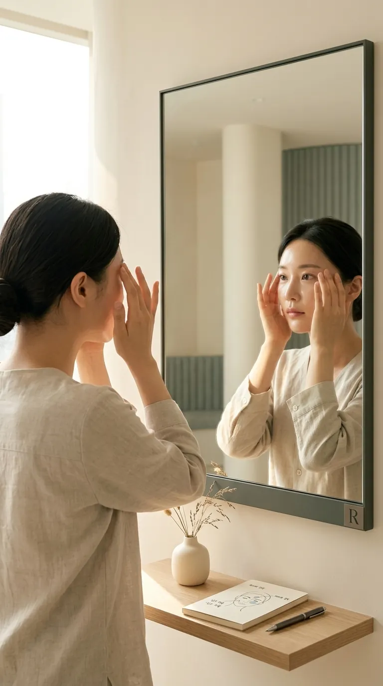 거울 앞에서 얼굴 좌우를 살피는 모습