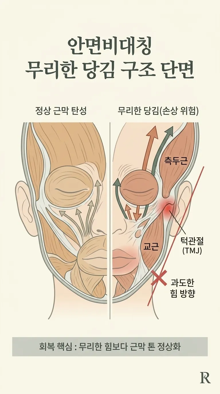 비대칭 회복에서 피해야 할 무리한 당김 구조 단면