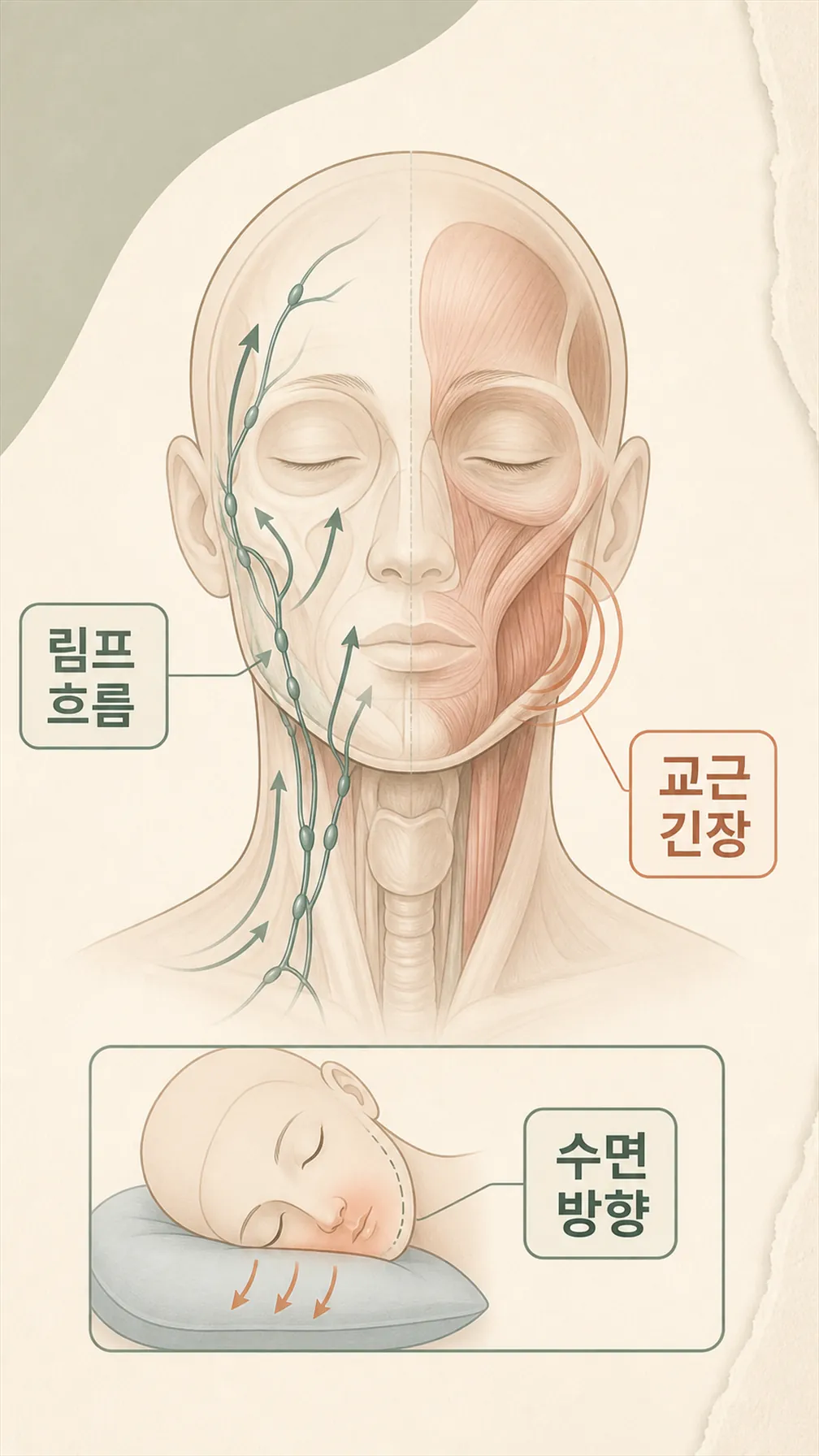 림프 흐름과 교근 긴장 단면 모식도