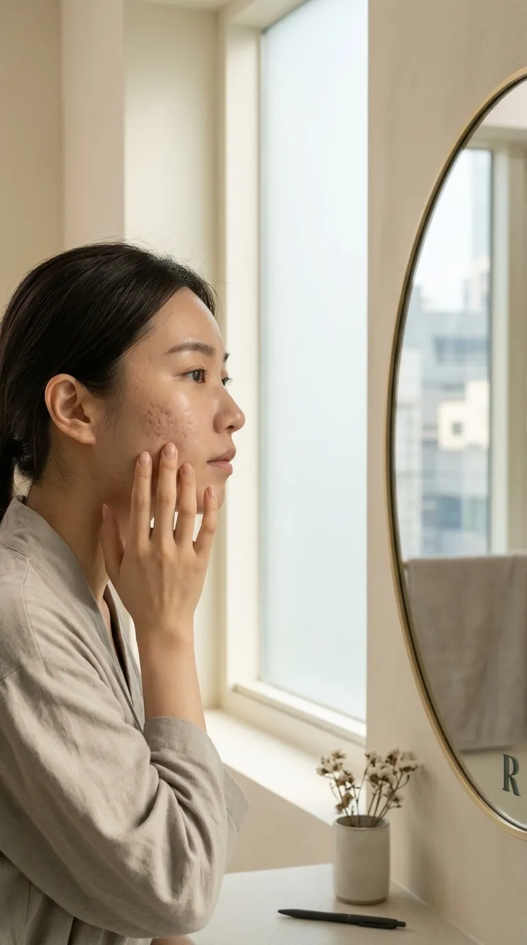 세안 후 거울 앞에서 피부 고민을 확인하는 모습