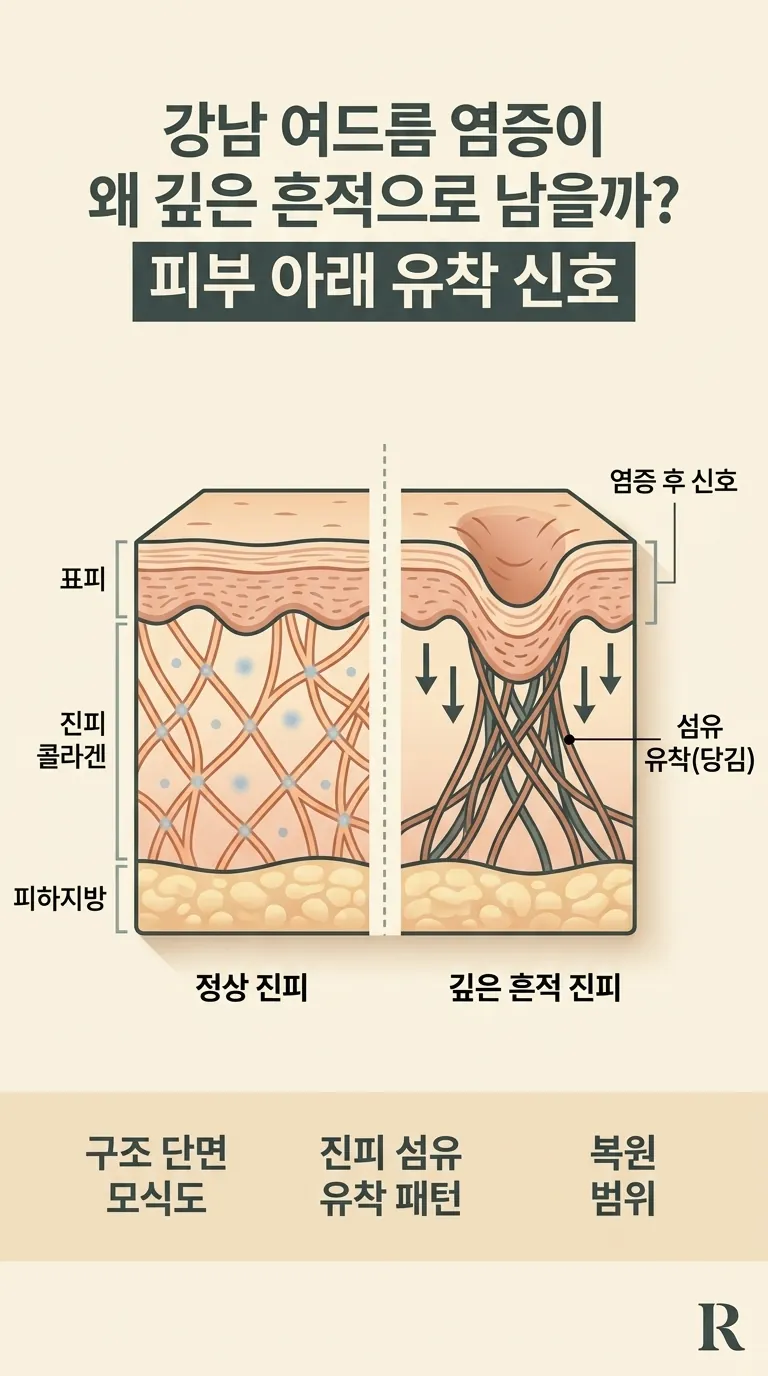 진피 단면 — 여드름 염증 후 섬유 유착 당김 패턴 (화살표 표시)