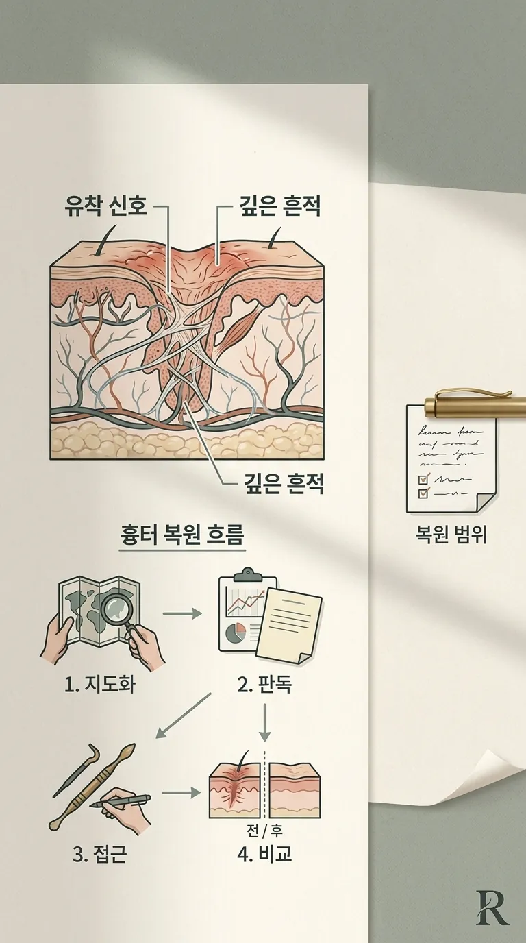 흉터 복원 4단계 흐름 (지도화→판독→접근→비교) 순서도