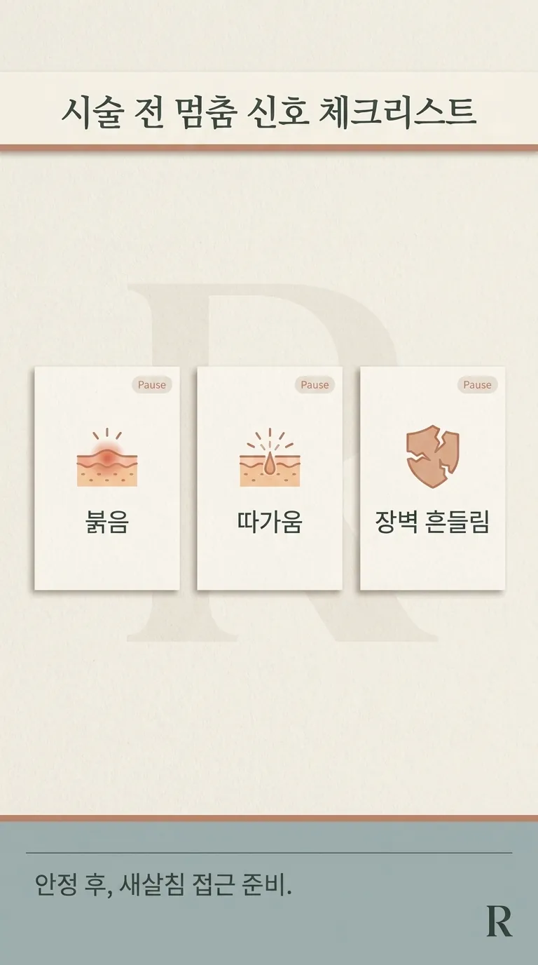 시술 전 멈춤 신호 체크리스트 — 붉음·따가움·장벽 흔들림