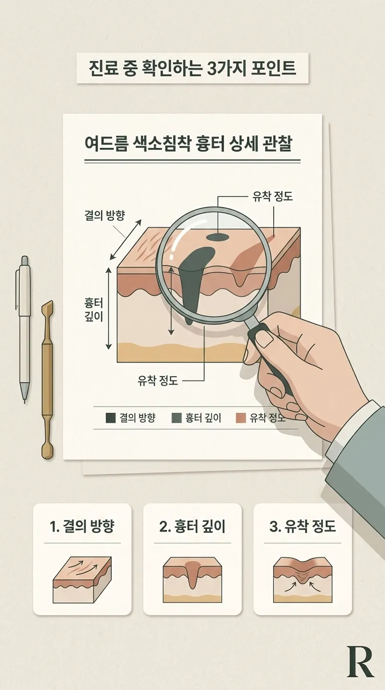 피부 표면의 결을 주의 깊게 살피는 진료 순간