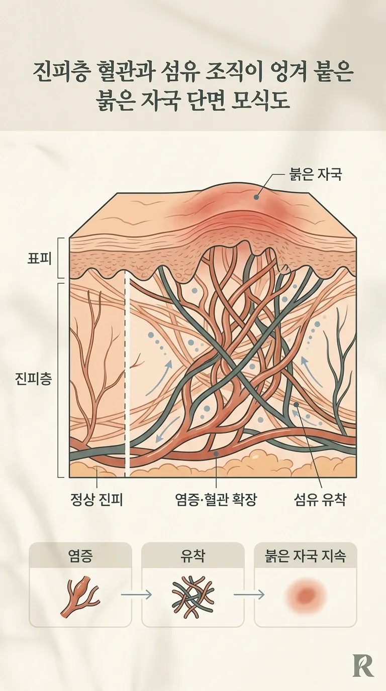진피층 혈관과 섬유 조직이 엉겨 붙은 붉은 자국 단면 모식도