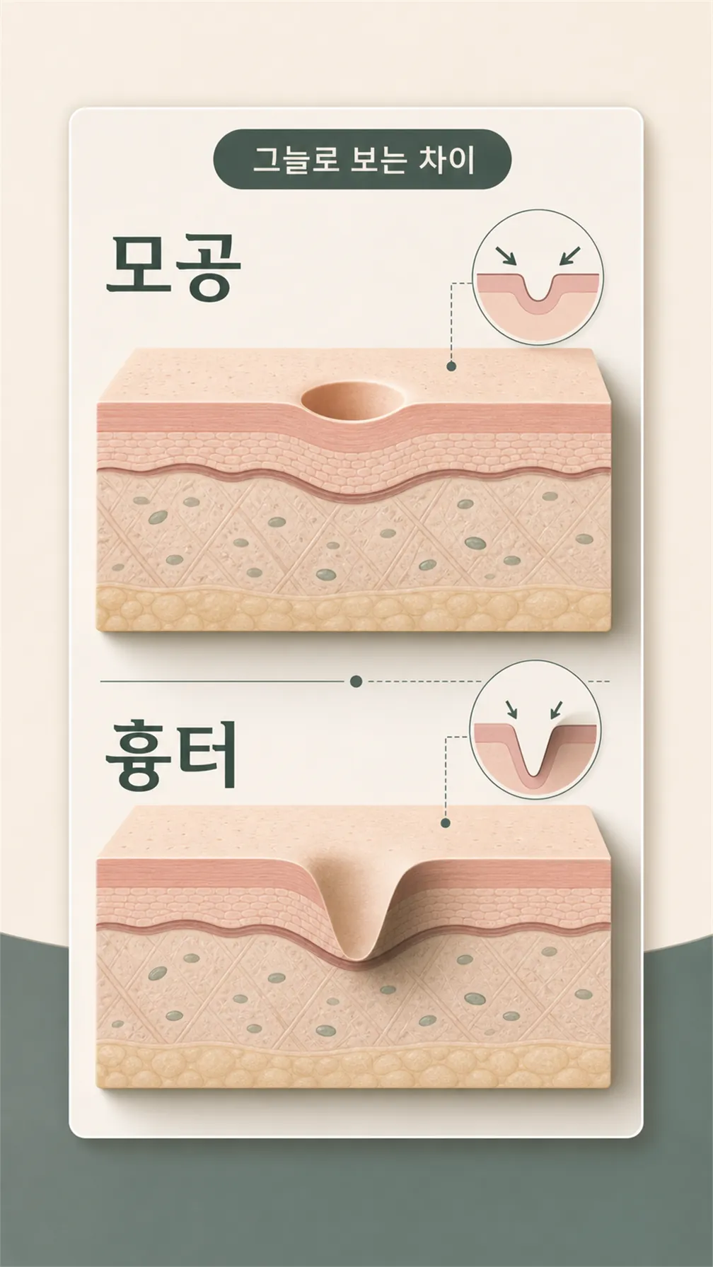 넓어진 모공과 패인 흉터 진피 단면 비교 모식도
