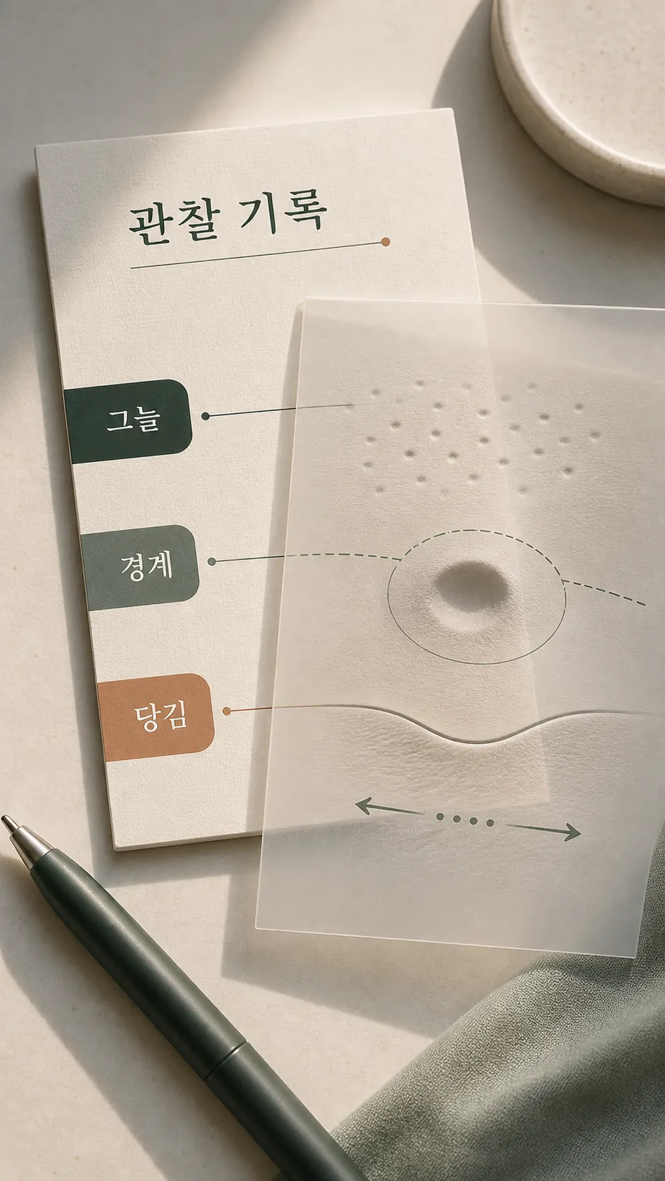 흉터 그늘 변화 기록한 관찰 노트 정물