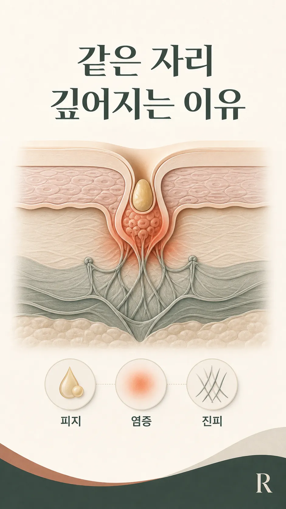 패인 흉터 진피 단면과 아래 당김 방향 모식도