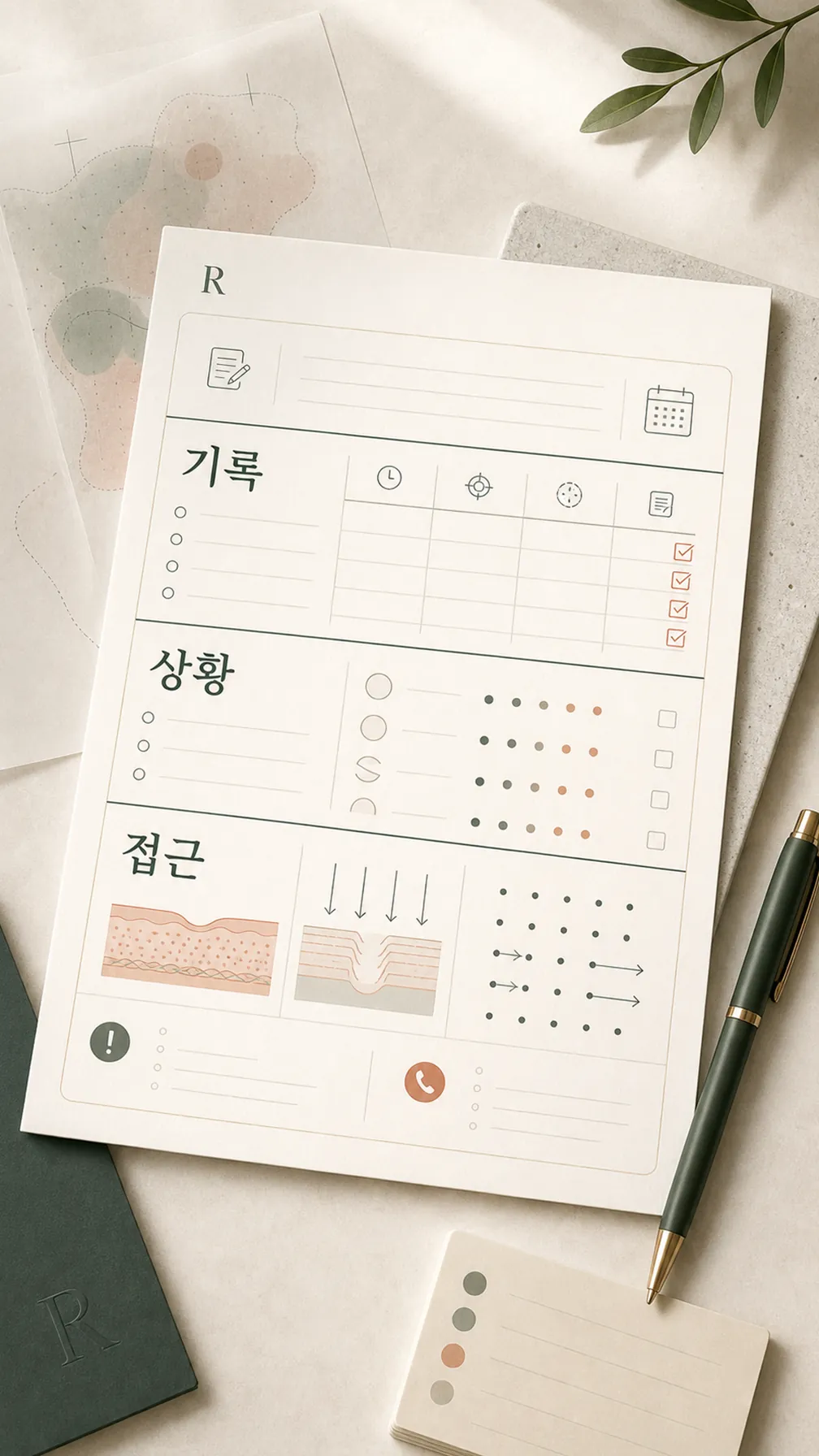 흉터 위치와 접근 깊이·방향을 표시한 기록 노트 클로즈업