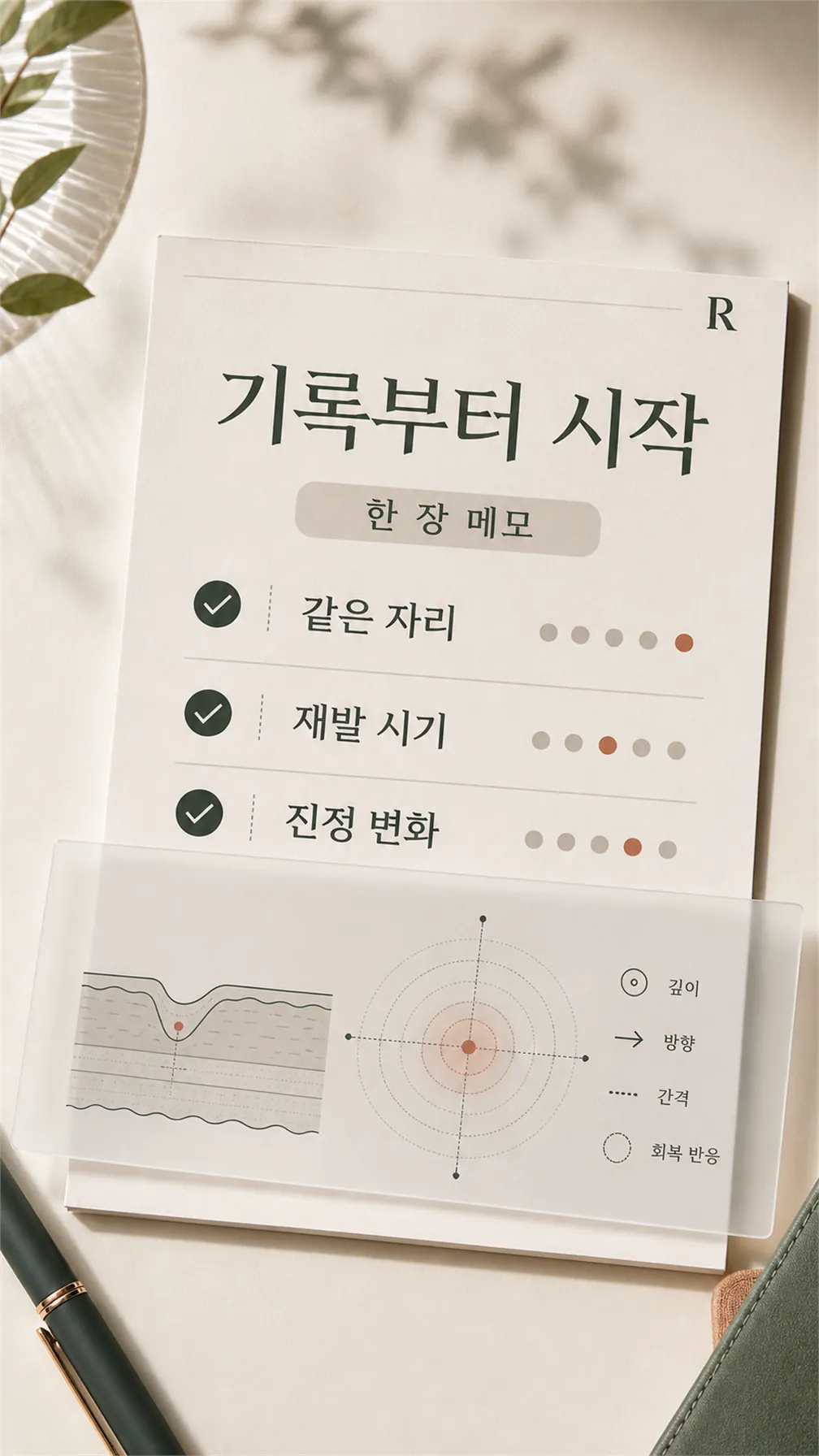 달력에 피부 상태를 메모하는 손과 펜