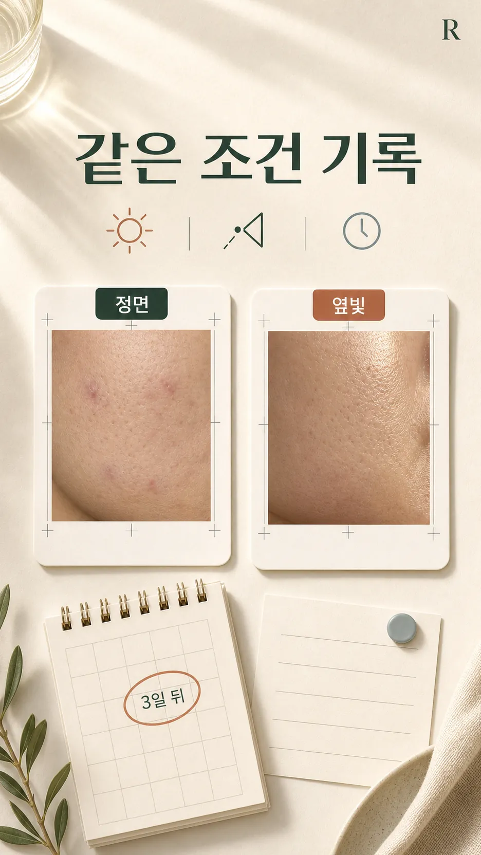 정면과 측면광 두 컷을 나란히 비교하는 사진 기록 화면