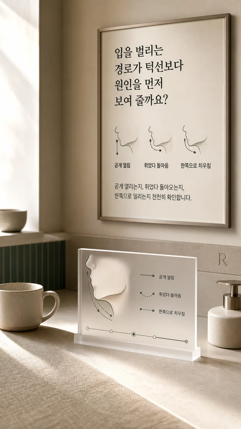 귀 앞 관절 부위와 목선을 따라 떨어지는 측면 조명 실루엣