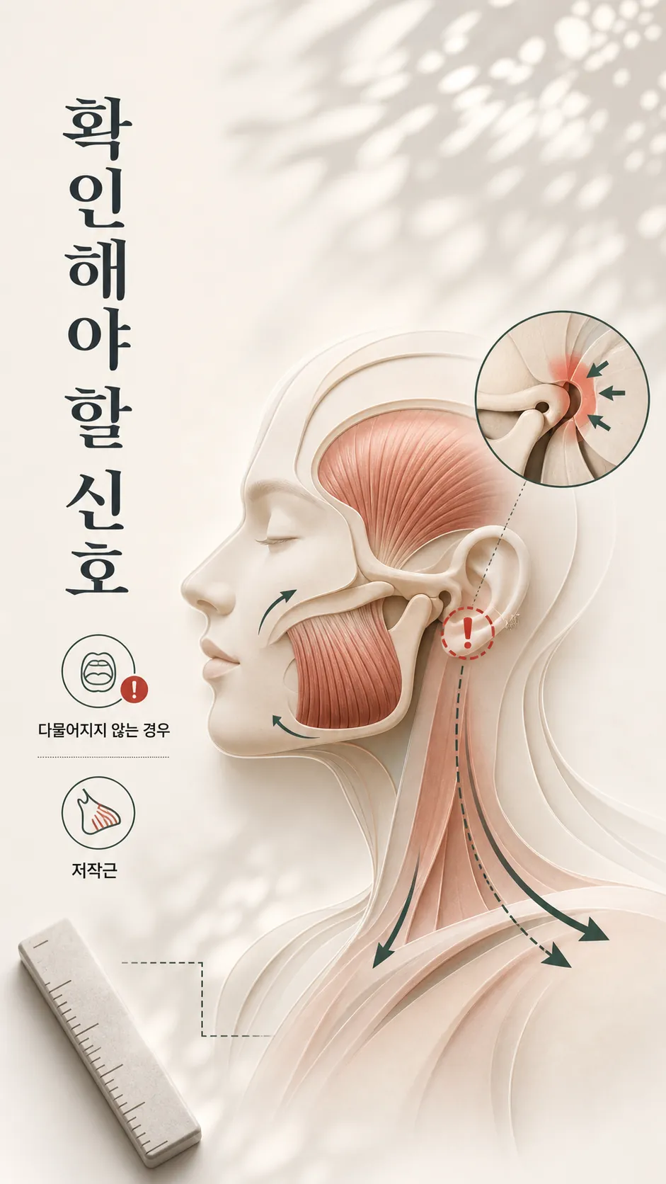 턱관절과 저작근, 목·어깨선 긴장 연결 단면 모식도