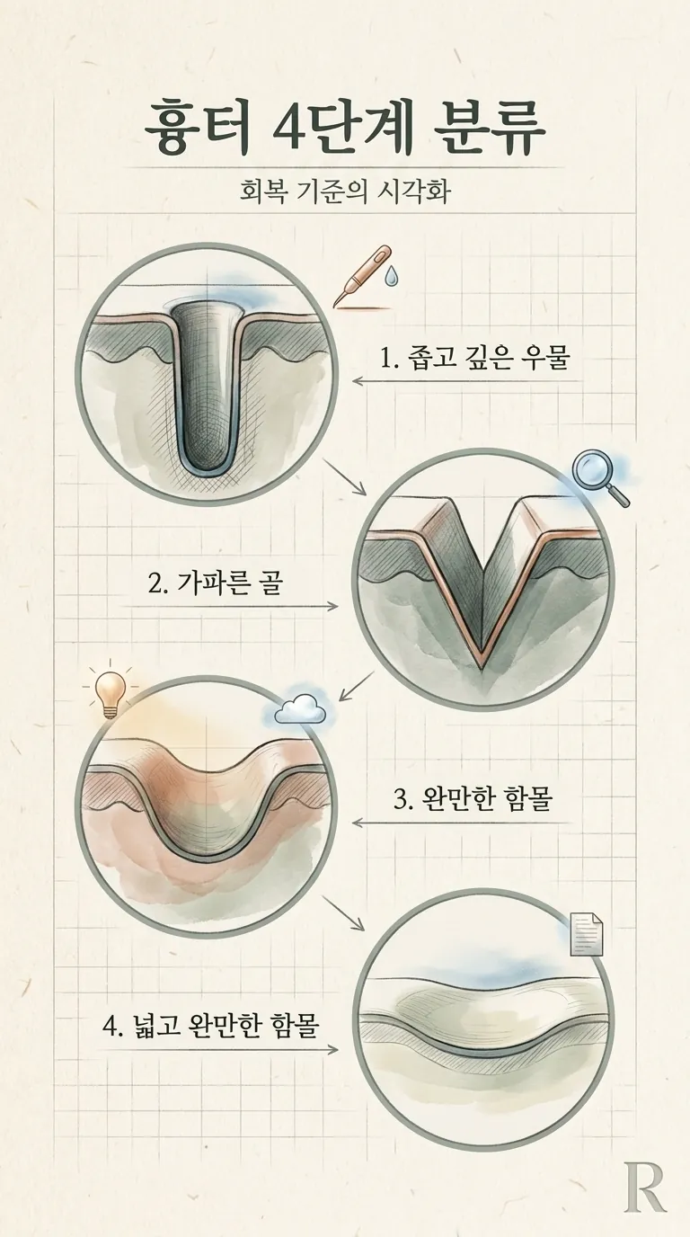 흉터 4단계 분류 - 좁고 깊은 우물, 가파른 골, 완만한 함몰