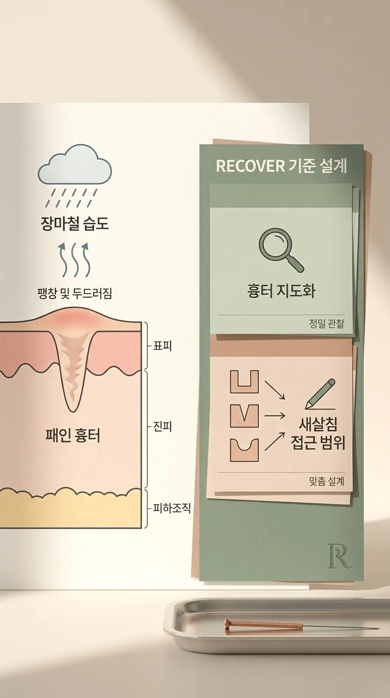 흉터 지도화에 따른 단면 형태별 새살침 접근 범위 설계 도식
