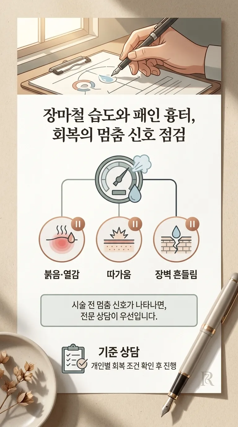 시술 전 멈춤 신호 점검 - 붉음, 따가움, 장벽 흔들림