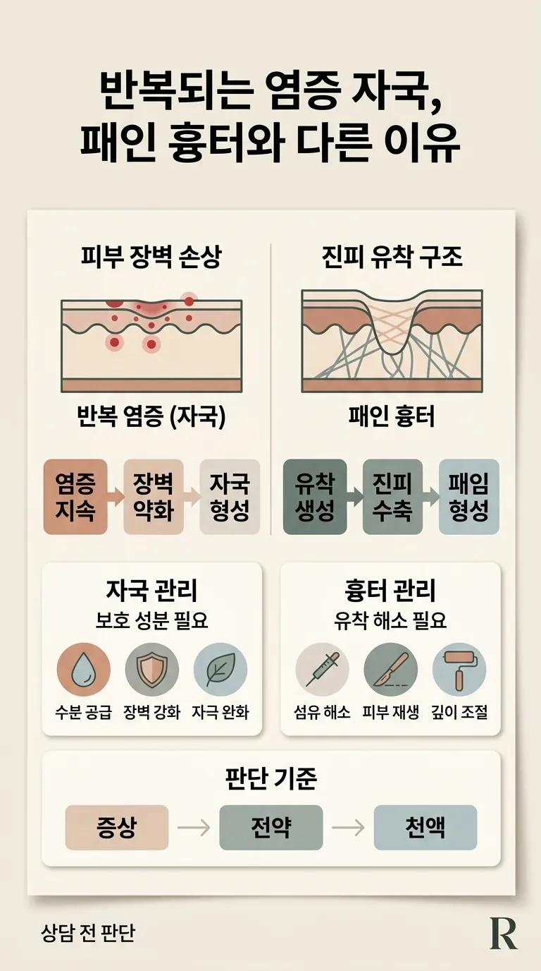 손상된 피부 장벽과 보호 성분 도식