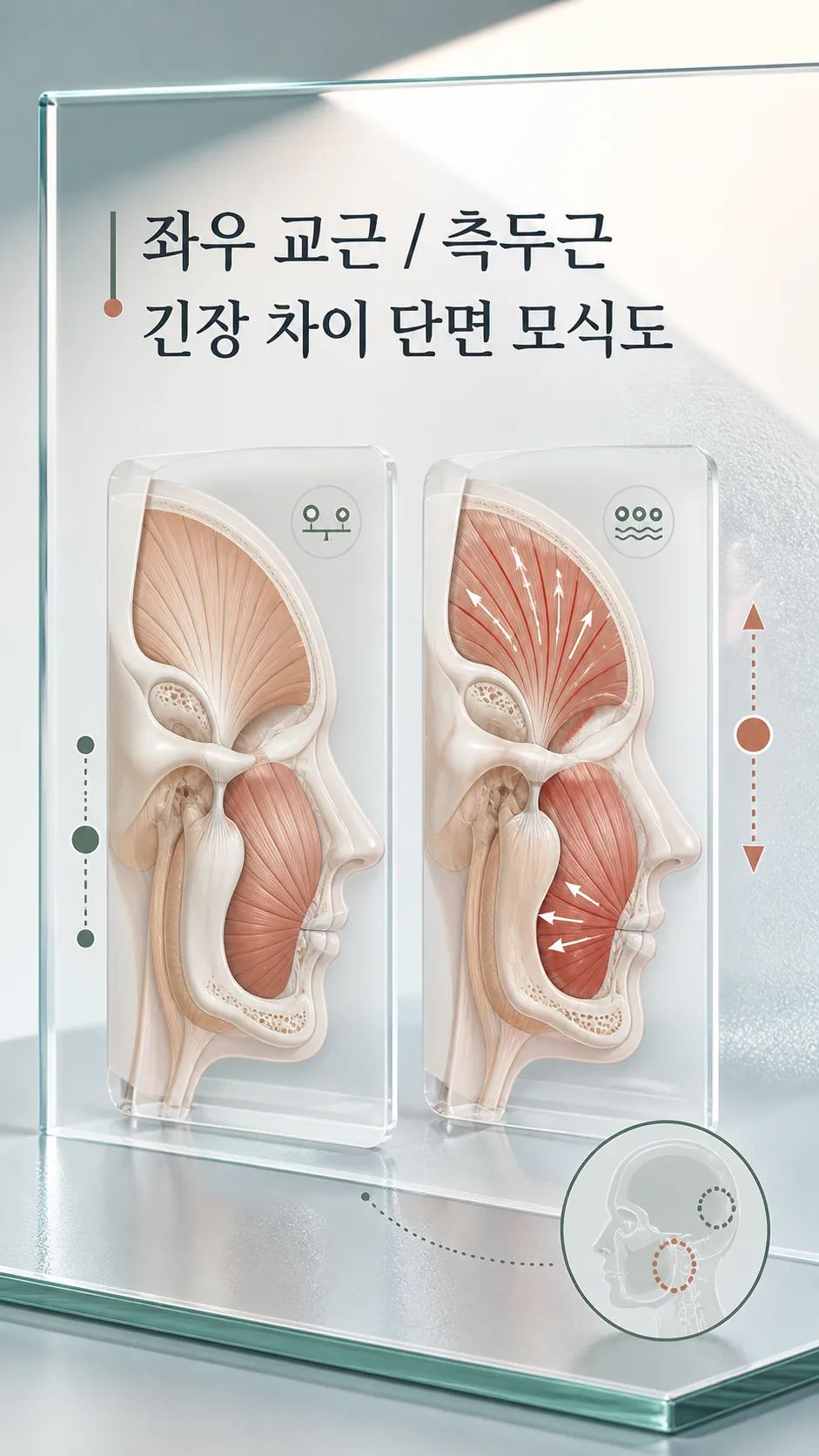 좌우 교근·측두근 긴장 차이 단면 모식도