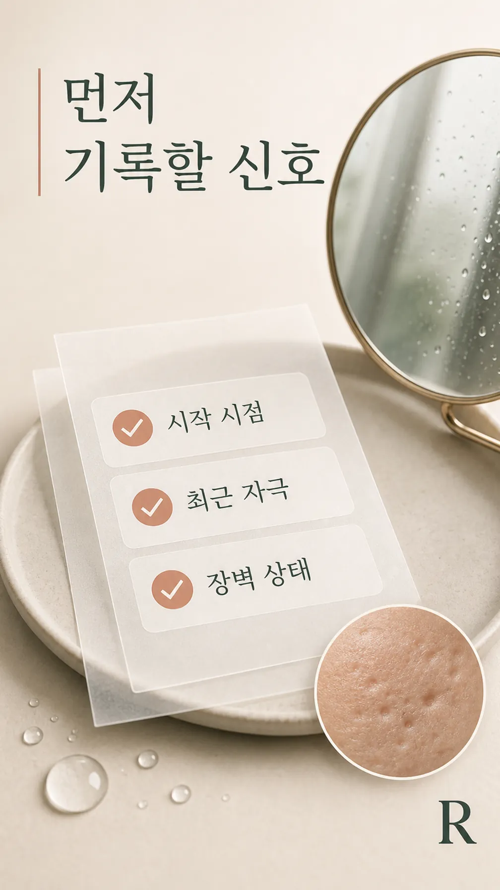 세안 후 거울 앞에서 볼을 살피는 일상 장면