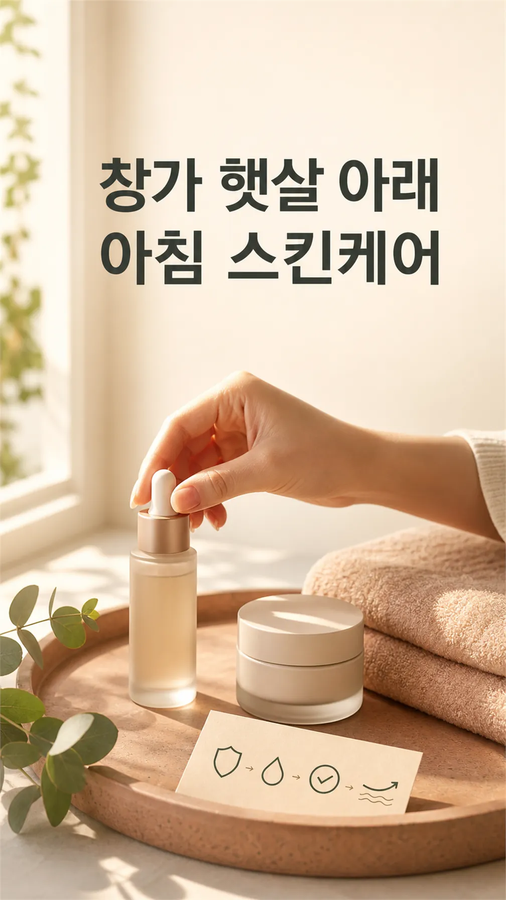 창가 햇살 아래 아침 스킨케어 장면