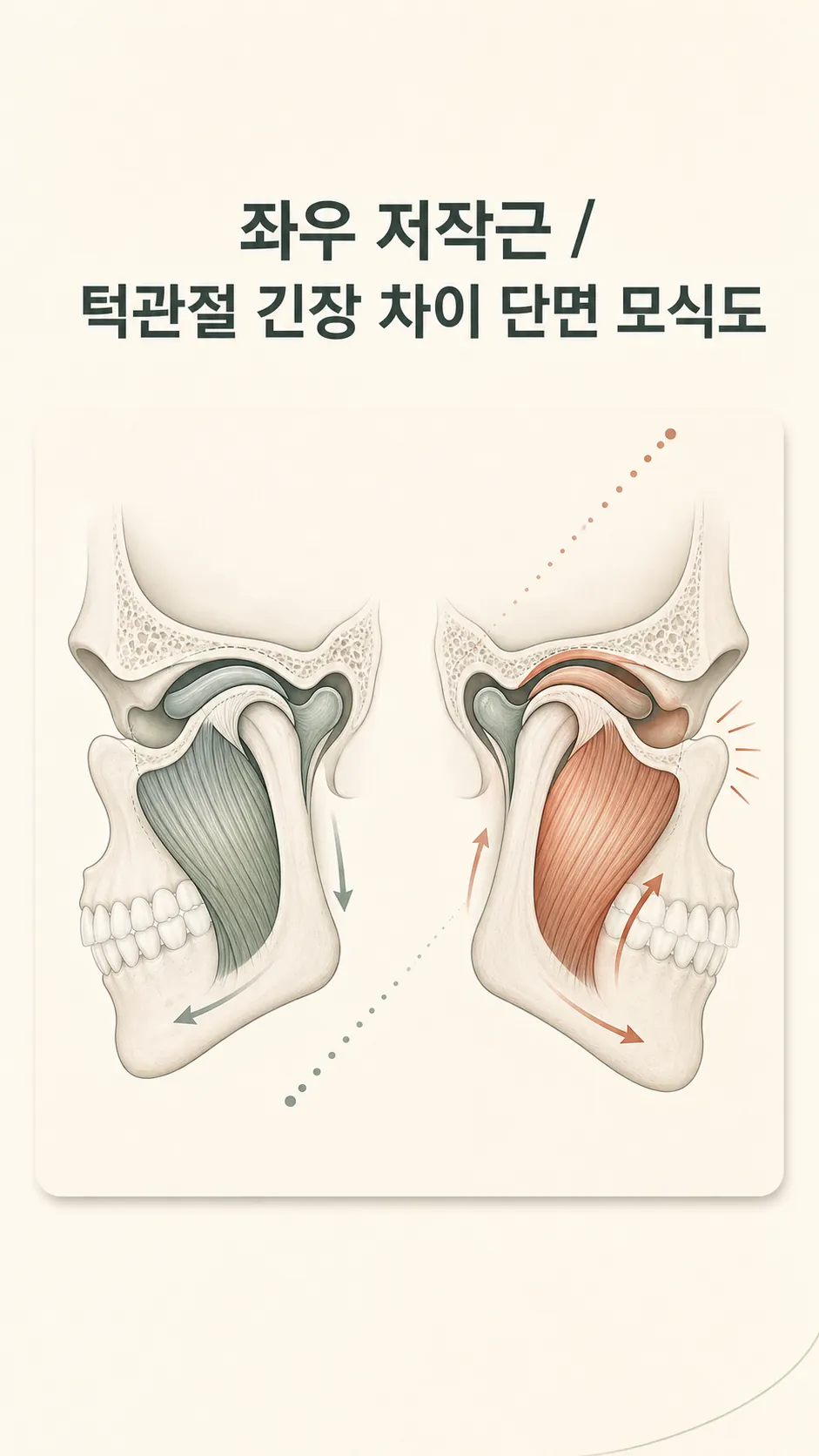 좌우 저작근·턱관절 긴장 차이 단면 모식도