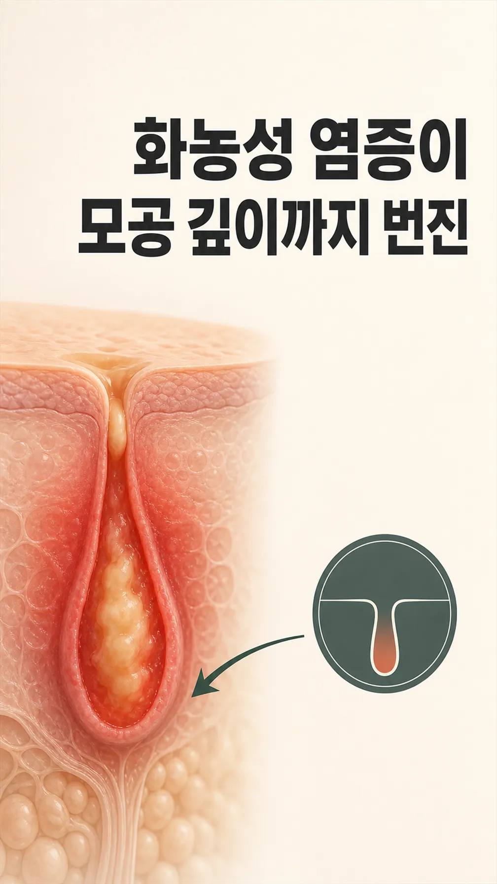 화농성 염증이 모공 깊이까지 번진 진피 단면 모식도