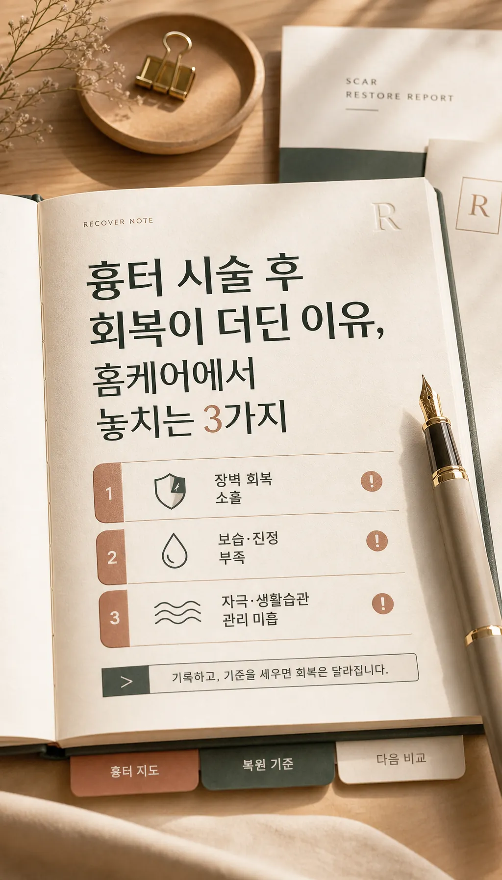 복원 노트 펼쳐진 상담 노트와 만년필 클로즈업