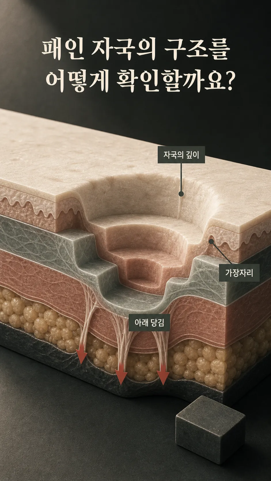 진피층 흉터 깊이와 회복 방향 단면 모식도
