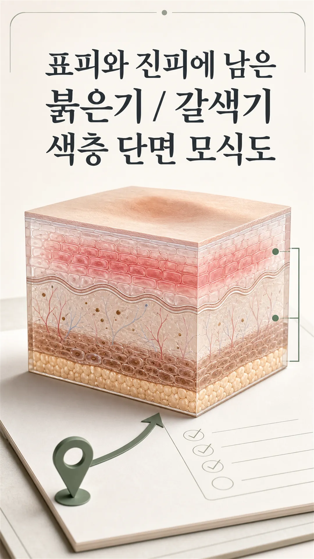 표피와 진피에 남은 붉은기·갈색기 색층 단면 모식도