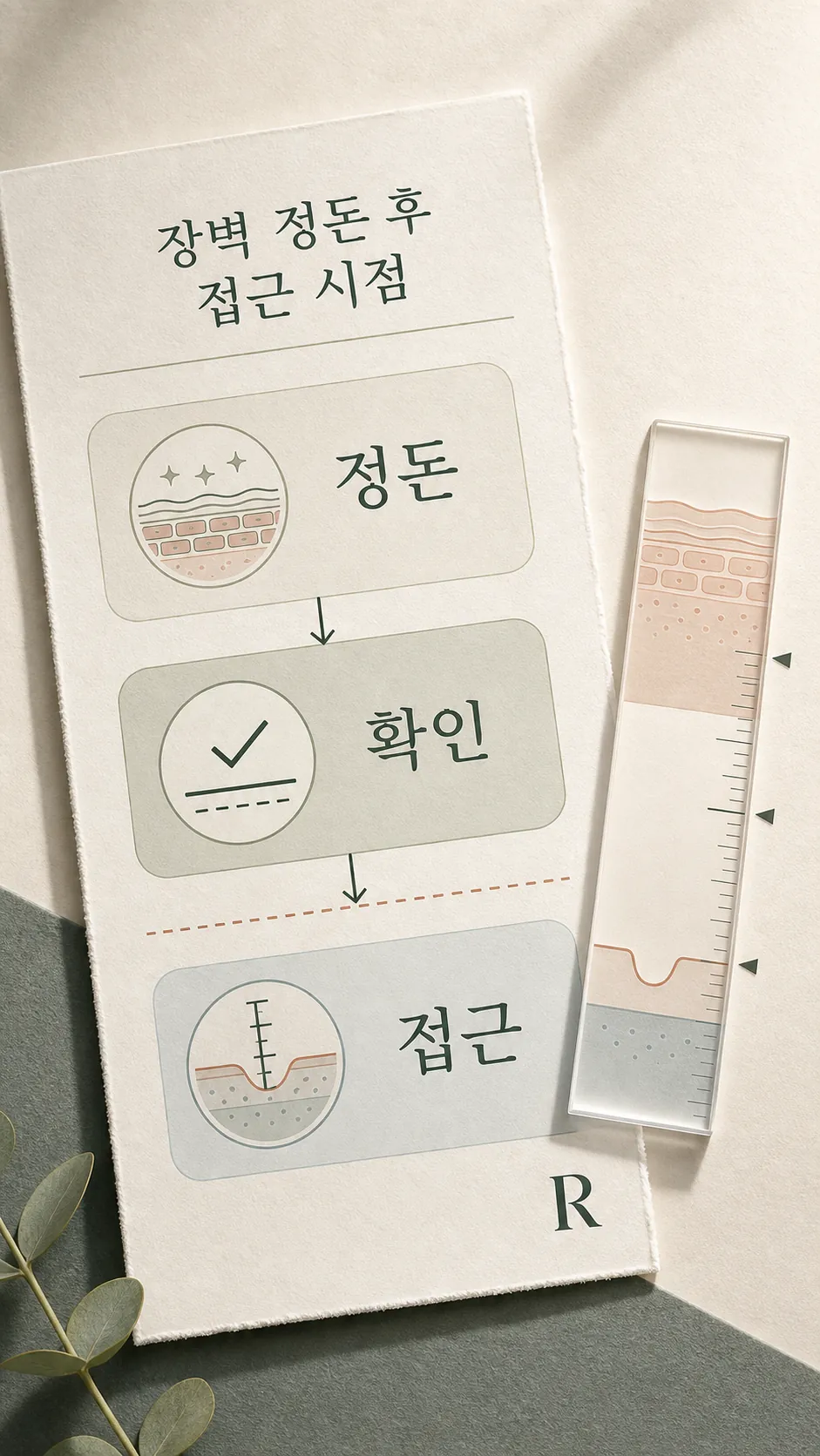 장벽 정돈 후 접근 시점 흐름도 (정돈→확인→접근)