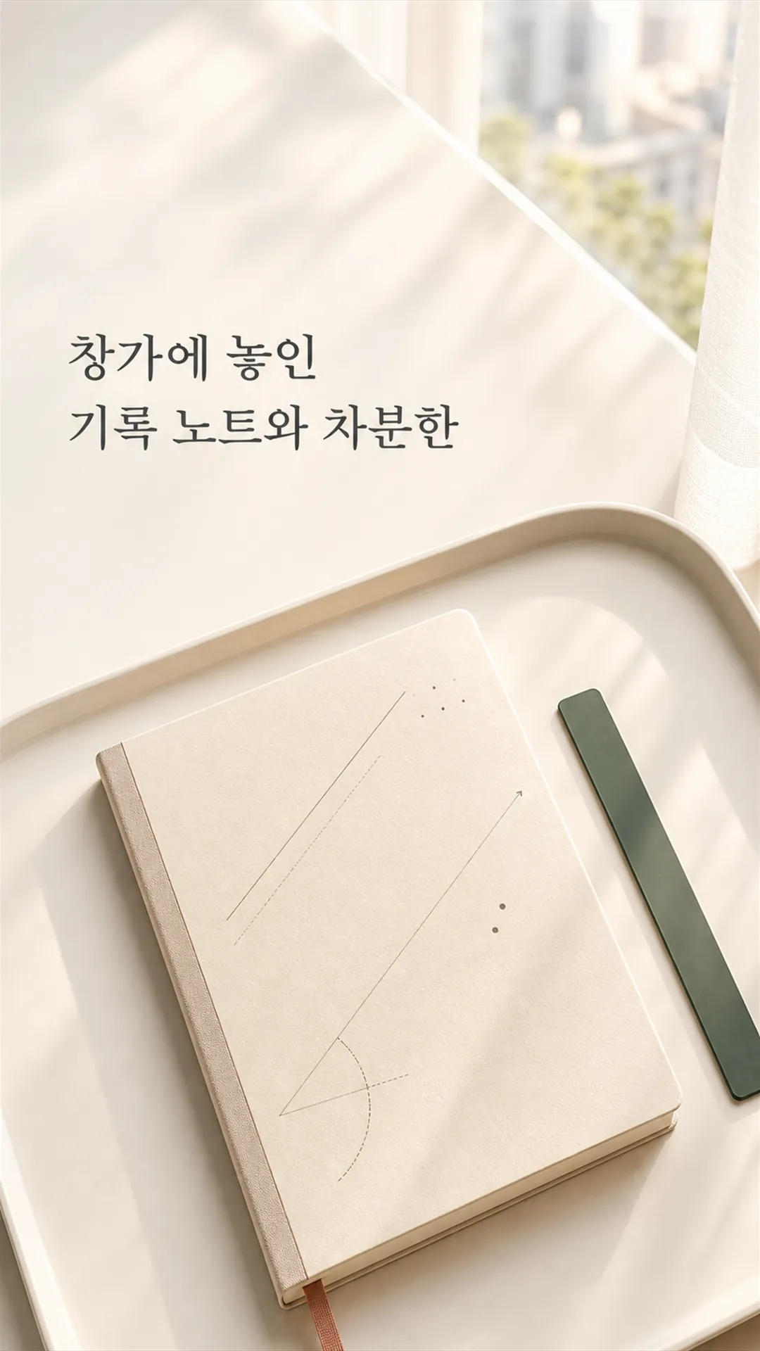 창가에 놓인 기록 노트와 차분한 아침 빛
