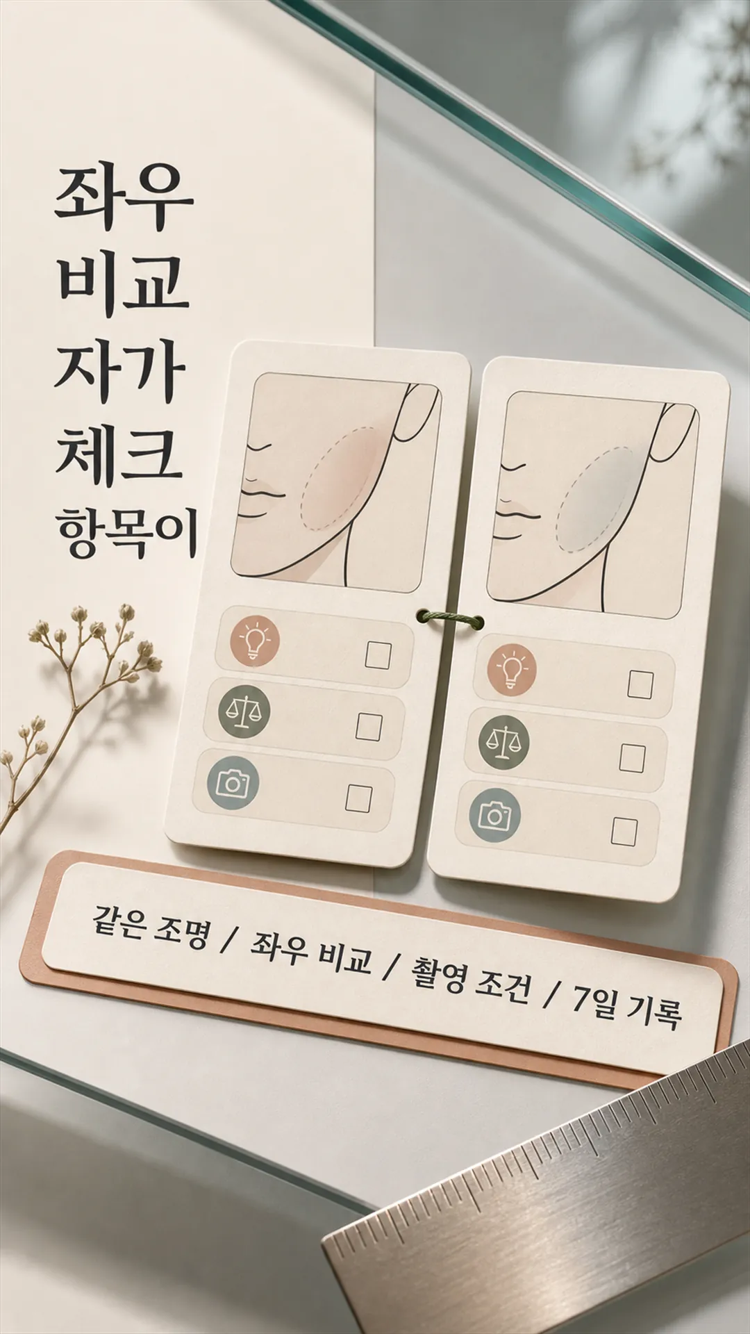 좌우 비교 자가 체크 항목이 그려진 플랫 일러스트