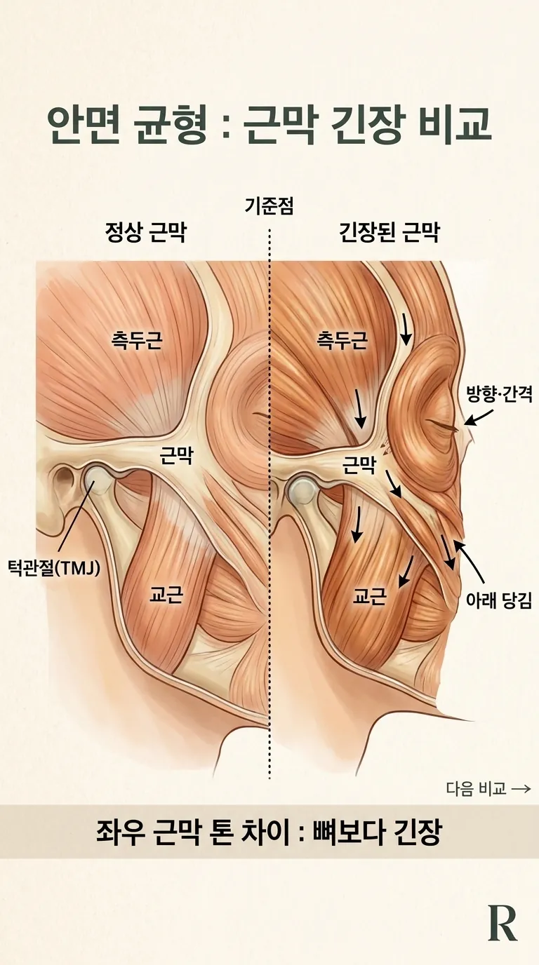 얼굴 측면 교근과 측두근의 좌우 톤 차이 단면