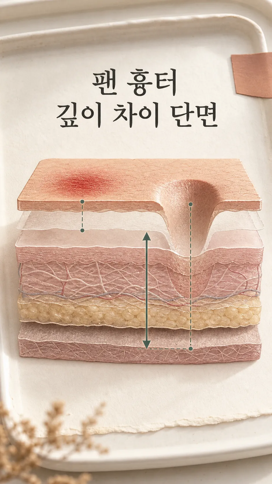 붉은 자국과 팬 흉터 깊이 차이 단면