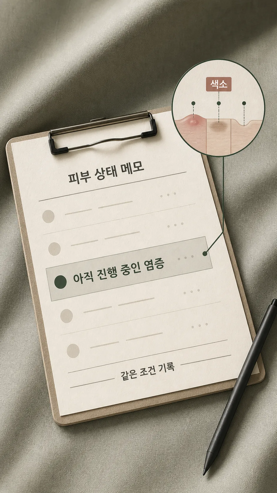 상담 전 촬영 기록지 가장자리와 피부 상태 메모 클로즈업