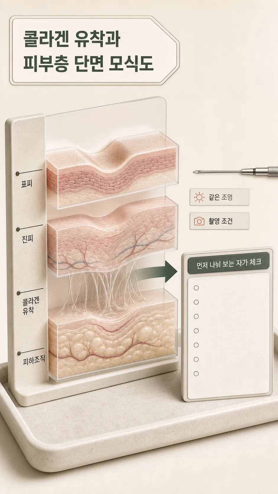 진피층 콜라겐 유착과 피부층 단면 모식도