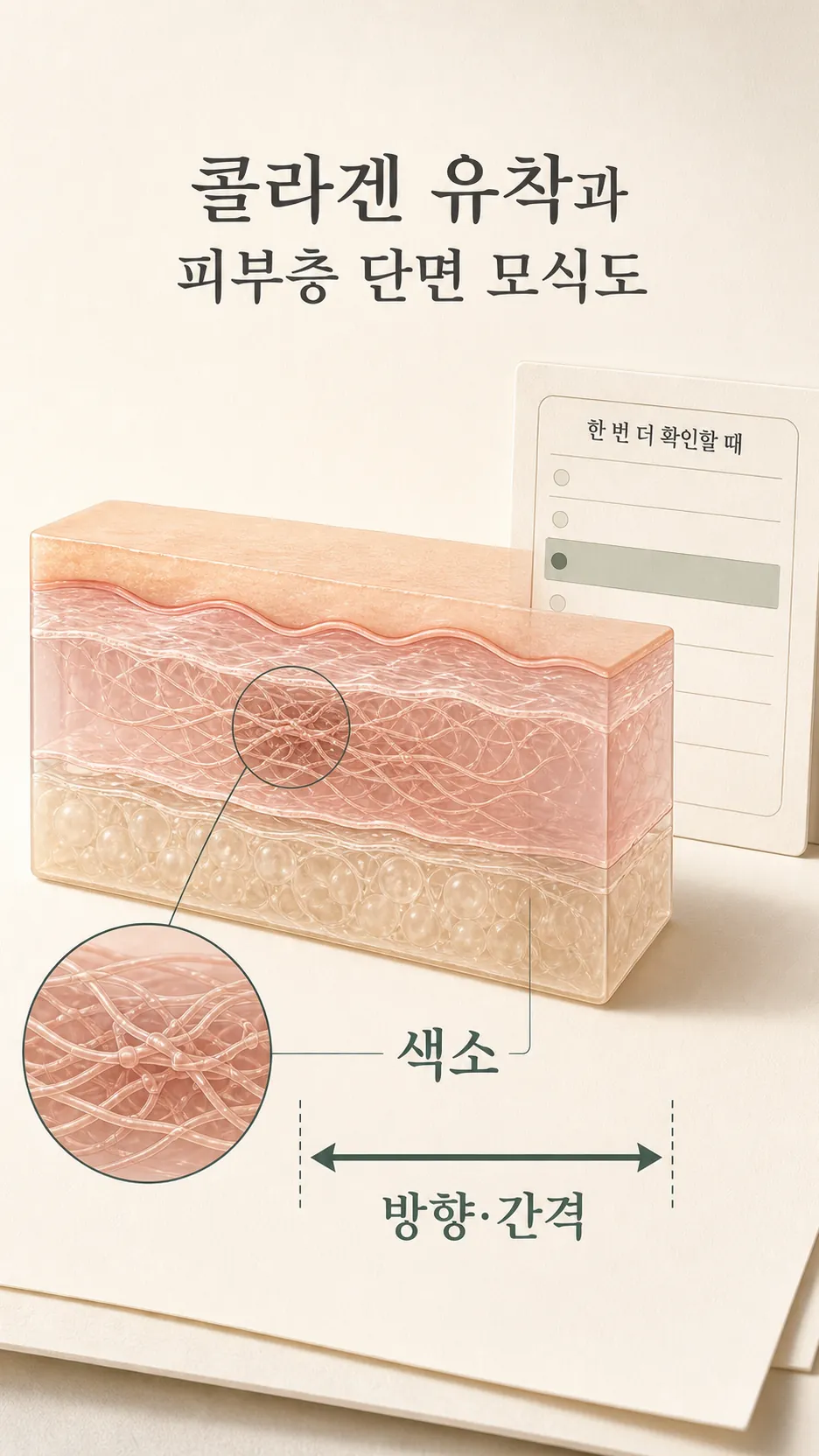 진피층 콜라겐 유착과 피부층 단면 모식도