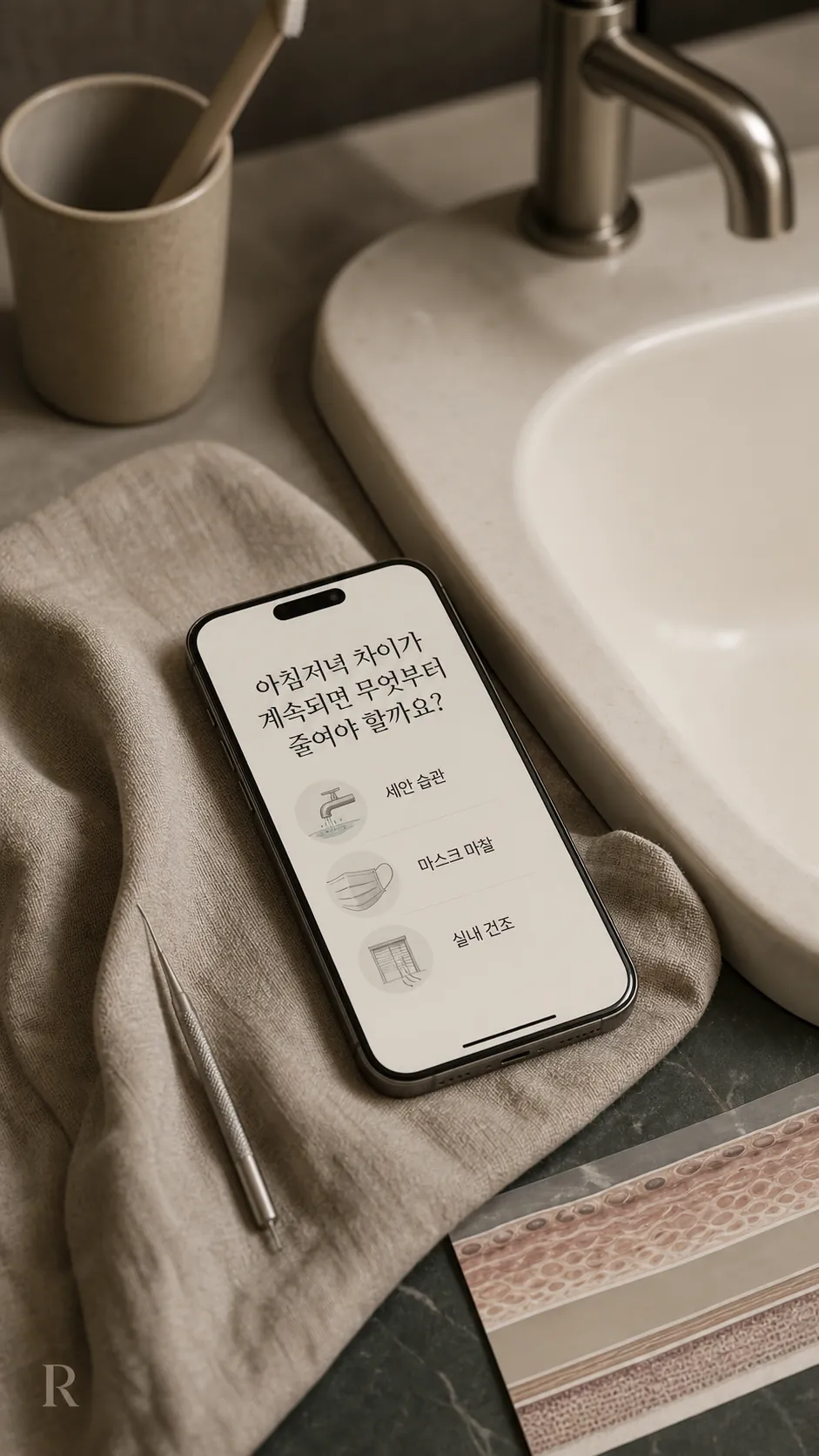 미온수와 부드러운 수건을 놓아둔 세면대, 문지름을 줄인 세안 준비