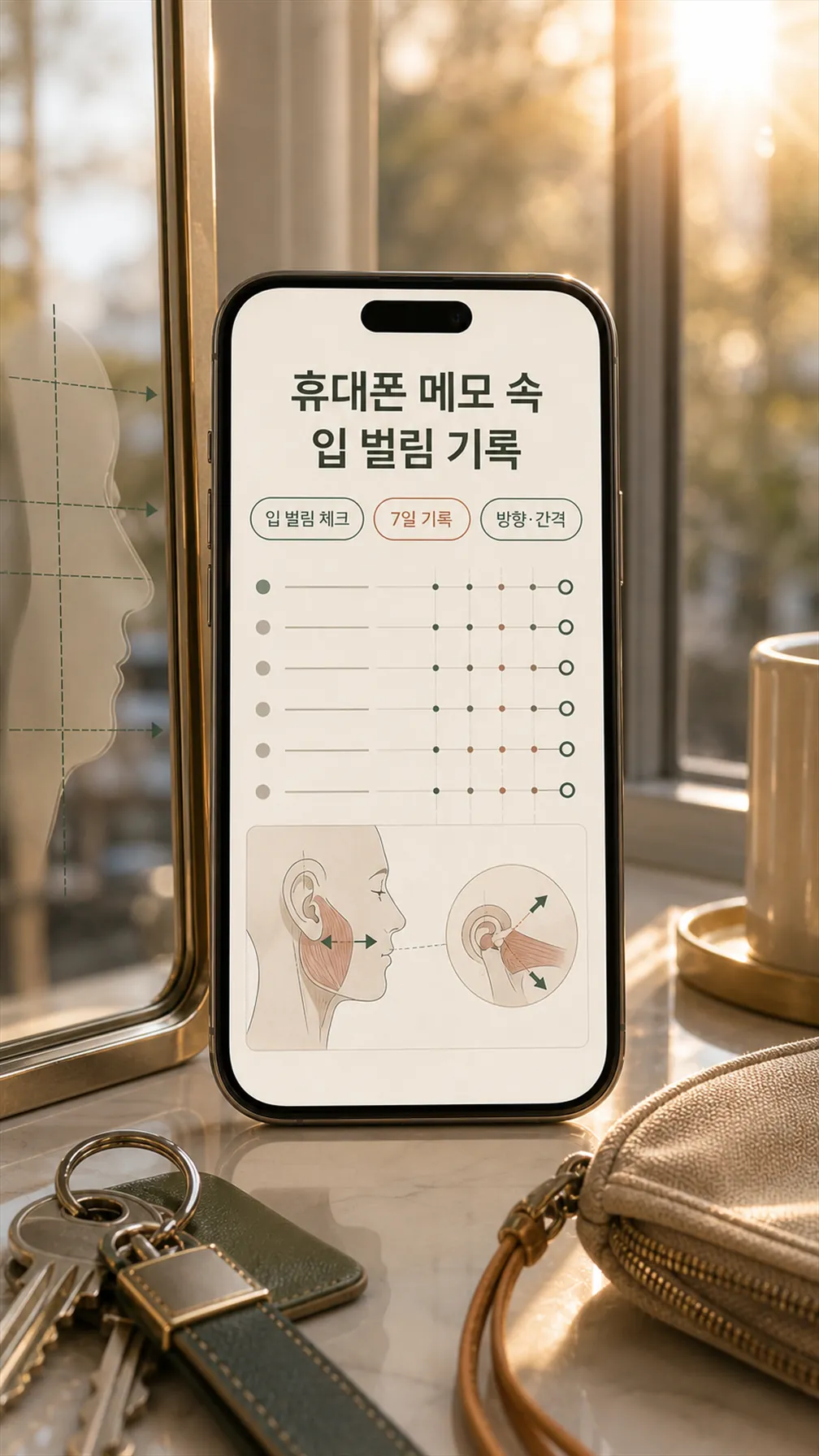 휴대폰으로 입 벌림 폭을 기록하는 손 클로즈업