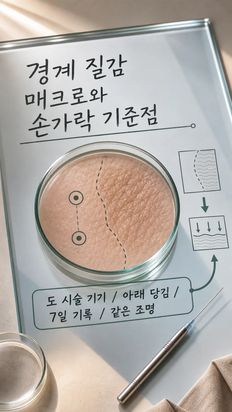 흉터 경계 질감 매크로와 손가락 기준점