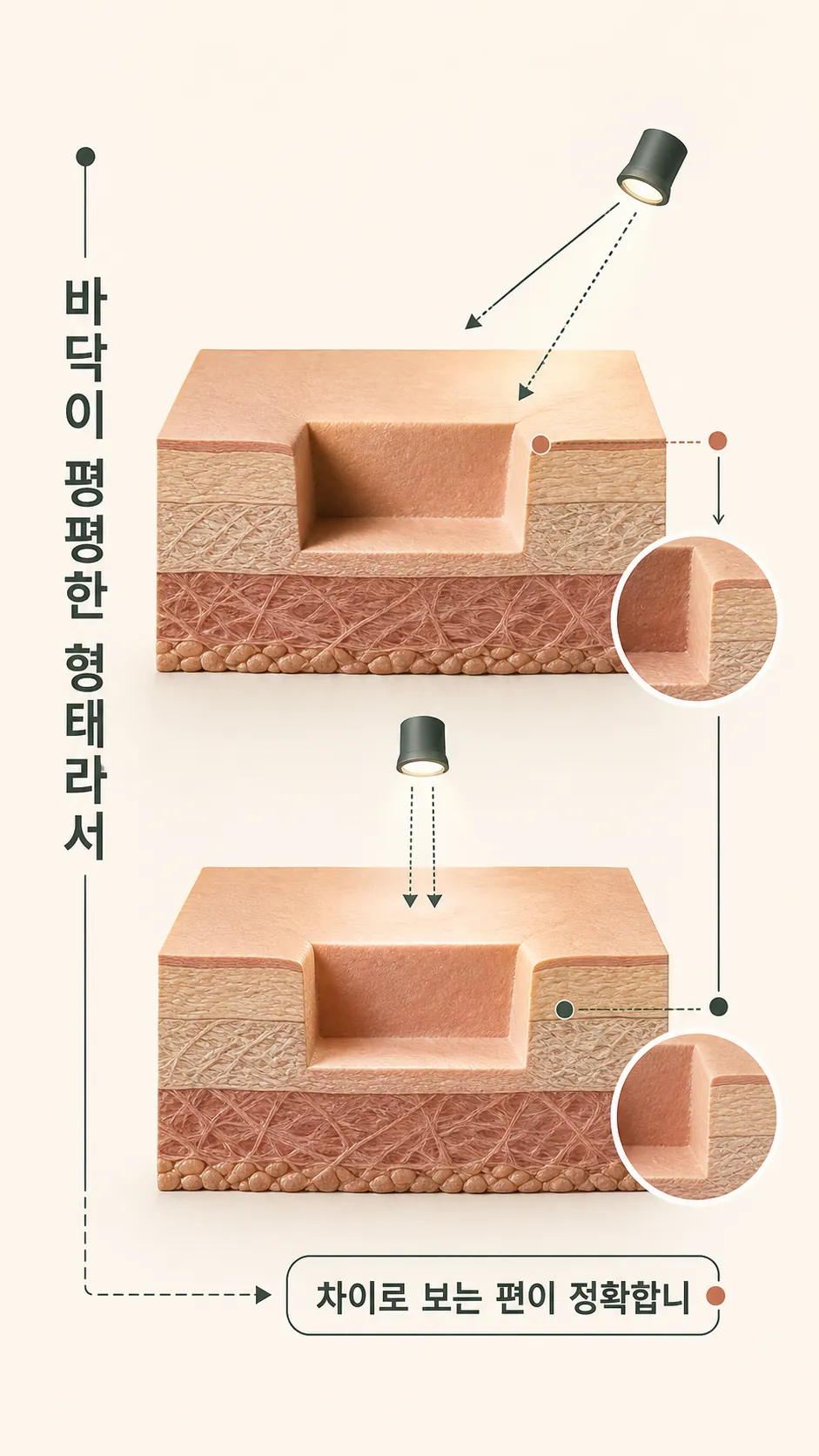 박스형 흉터 단면 — 가파른 벽면에 빛이 닿아 생기는 그림자 방향 표시
