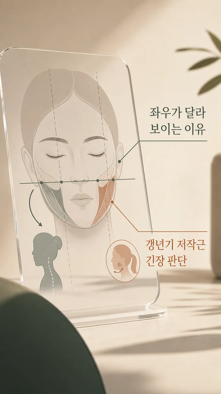 얼굴 좌우 기준점과 교합선을 표시한 균형 관찰 도식