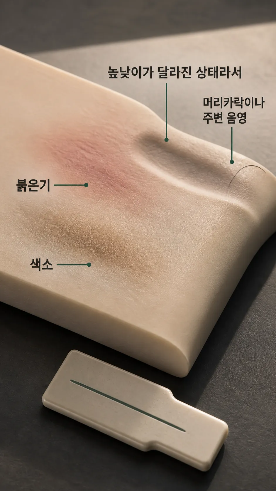 피부 표면의 색 변화와 패임 단면 비교